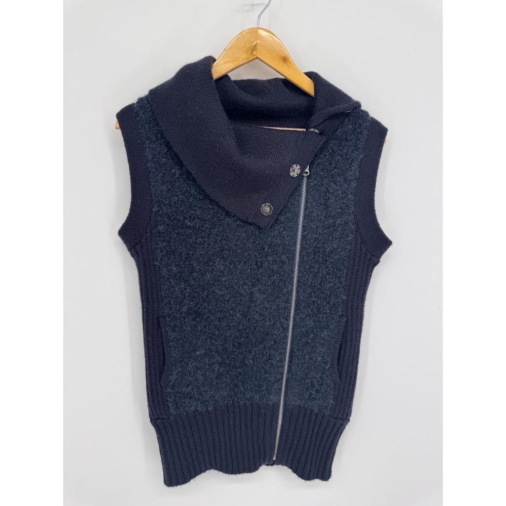 LAMade Knit Vest Women M Navy Blue Zip Boucle Moto Layering Winter Academia